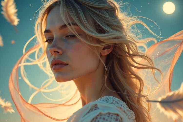 Air zodiac signs surrounded by wind and constellations, symbolizing intellect and freedom