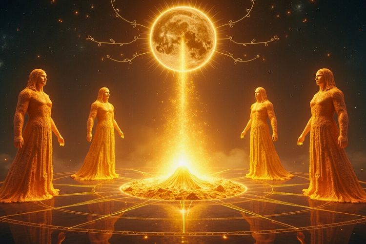 Cardinal zodiac signs — Aries, Cancer, Libra, and Capricorn represented through elements of fire, water, air, and earth with radiant cosmic light.