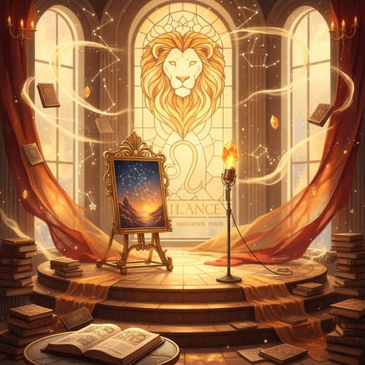 Infographic showing Leo Moon career traits with creative and leadership symbols such as a stage, easel, and sun motifs.