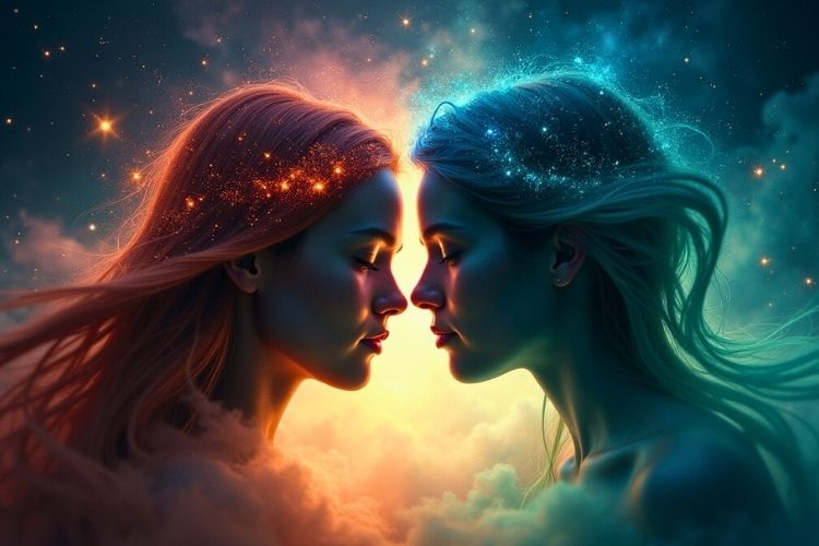 Celestial depiction of zodiac compatibility with elements uniting in harmony