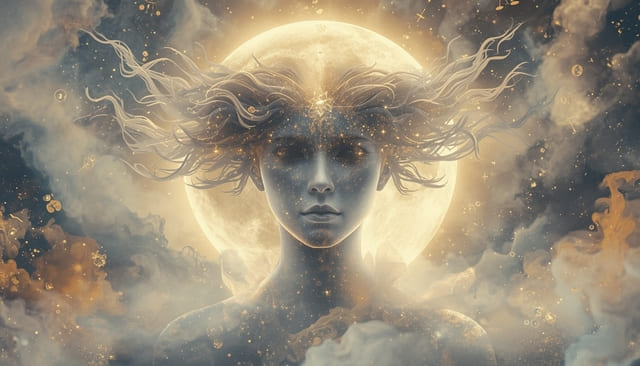 Mystical twin-faced figure under a glowing Gemini moon symbolizing the dual nature and mental traits of the moon in Gemini personality.