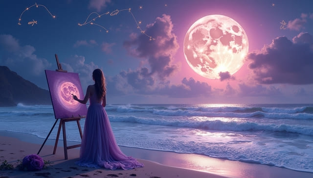 Mystical artist painting under a glowing Pisces moon with celestial colors, symbolizing creativity in Moon in Pisces meaning.