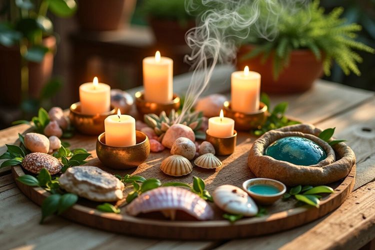 Spiritual altar showing crystals, colors, and tools for the four zodiac elements
