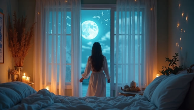 Mystical moonlit home scene with Pisces constellations, reflecting daily habits and reactions connected to the Moon in Pisces meaning.