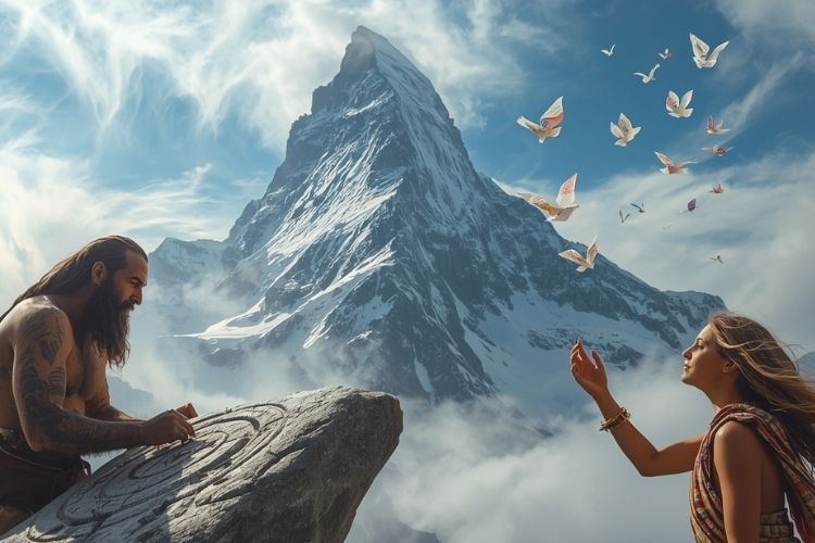 Earth and air zodiac elements merging as mountain and sky under soft light