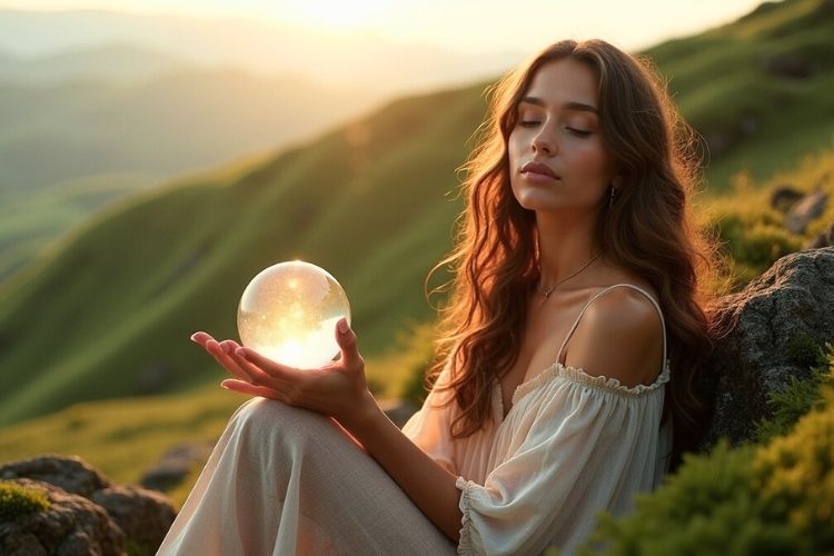 Earth zodiac signs meditation among nature with crystals and sunlight