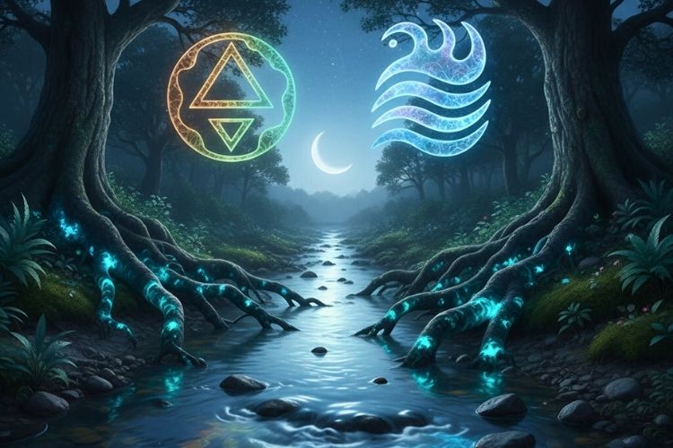 Earth and water elements united as roots and river under moonlight