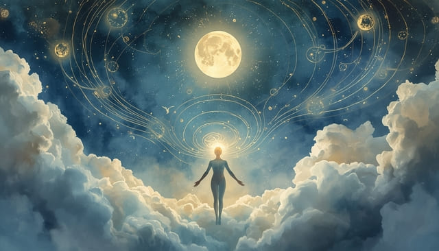 Celestial figure expressing emotions through airy thought waves under a glowing Gemini moon, symbolizing moon in Gemini personality emotional traits.