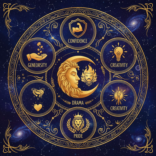 Infographic showing emotional traits of Leo Moon individuals — confidence, creativity, pride, and generosity represented through icons.