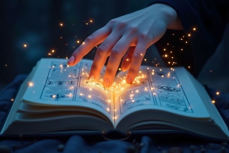 Open astrology book glowing under moonlight showing zodiac elements and constellations