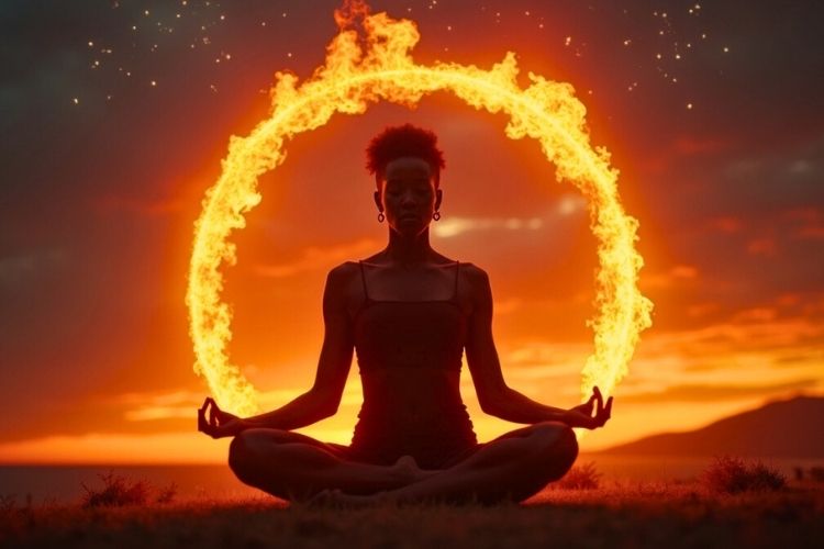 Fire zodiac signs represented by a glowing flame meditation under sunrise