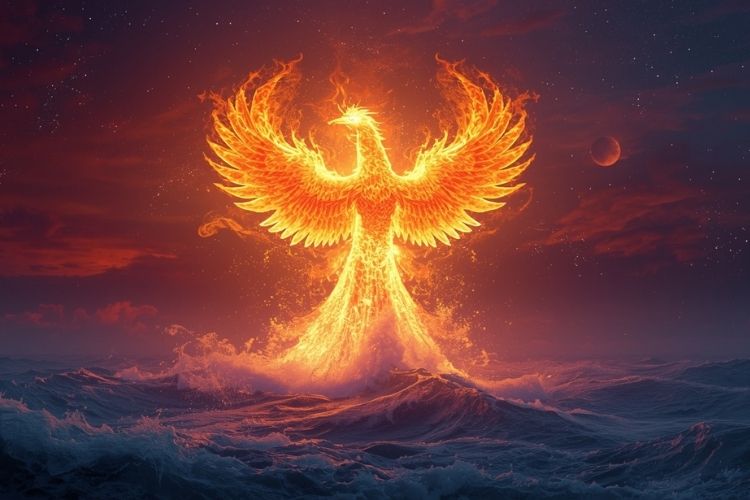 Fire and water elements transforming into a glowing phoenix above the sea