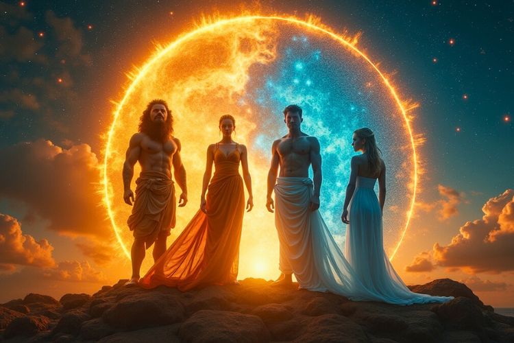 Fixed zodiac signs — Taurus, Leo, Scorpio, and Aquarius united in a cosmic circle symbolizing endurance and stability.