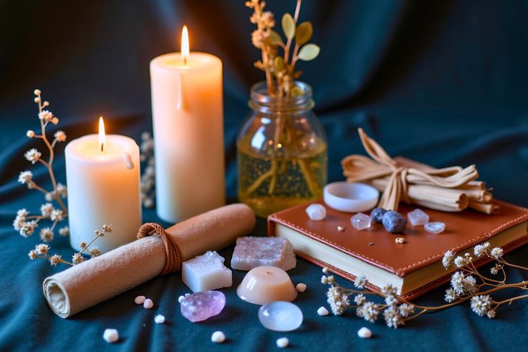 White candles, moon water jar, crystals, journal