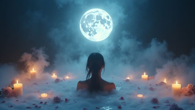 Mystical moonlit bath ritual with crystals and Pisces constellations, reflecting emotional healing practices for the Moon in Pisces meaning.