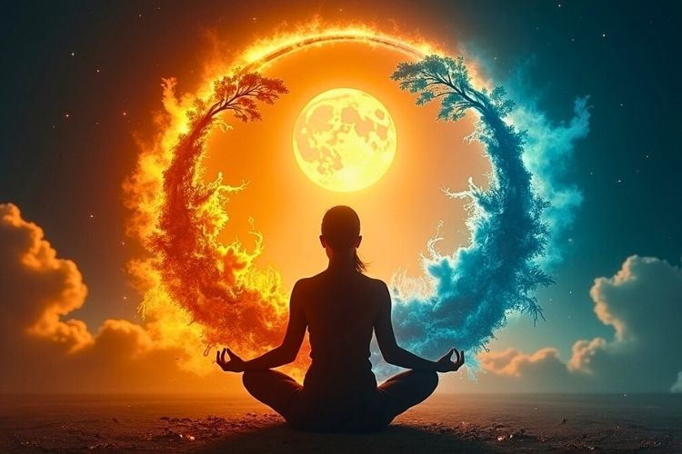Person meditating surrounded by fire, earth, air, and water elements in cosmic balance