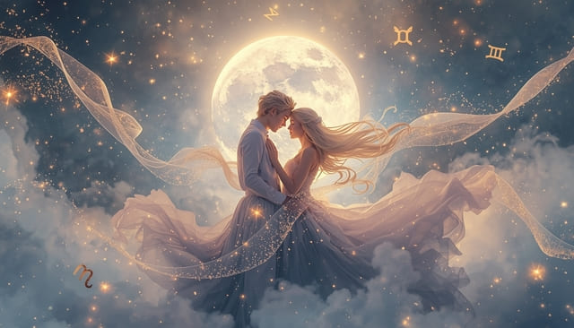 Couple connected under a glowing Gemini moon with swirling stardust, illustrating communication-driven love traits of the moon in Gemini personality.