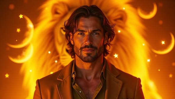 Illustration of a Leo Moon man with a lion aura, symbolizing charisma, emotional passion, and leadership energy.