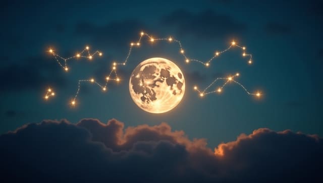 Astrology illustration of the Moon transiting Leo, showing golden waves and cosmic energy symbolizing emotional change.