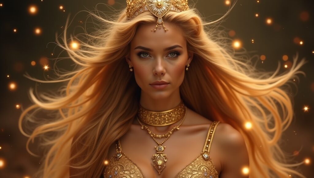Portrait of a Leo Moon woman with golden hair and celestial symbols, representing confidence, warmth, and emotional charisma.