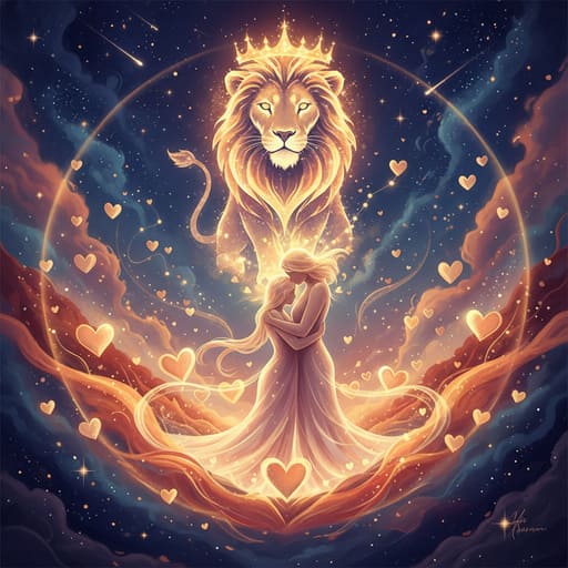 Illustration of Moon in Leo love energy showing two lovers beneath a lion constellation, symbolizing passion and devotion.