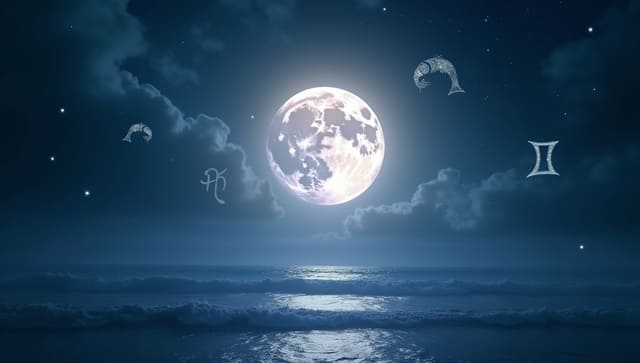 Moon in Pisces rising over ocean with glowing Pisces symbols under a starry sky.