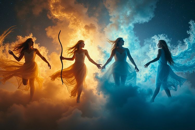 Mutable zodiac signs — Gemini, Virgo, Sagittarius, and Pisces represented through flowing cosmic energy and transformation.