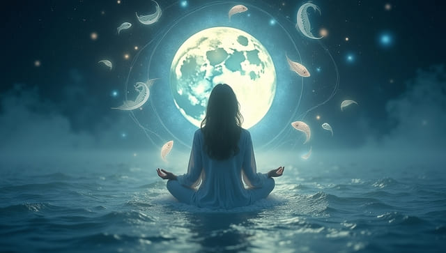 Mystical figure meditating under a glowing Pisces moon with celestial fish constellations, representing intuition in Moon in Pisces meaning.