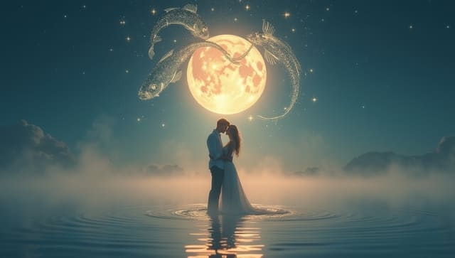Romantic couple under a glowing Pisces moon with celestial constellations, expressing deep emotional bonds in Moon in Pisces meaning.
