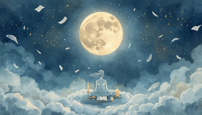 Mystical self-care ritual scene under a Gemini moon with journaling and candles, symbolizing emotional balance for the moon in Gemini personality.