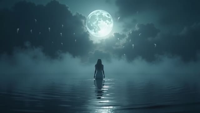 Figure standing in misty moonlit water under a shadowy Pisces moon, representing emotional overwhelm in Moon in Pisces meaning.