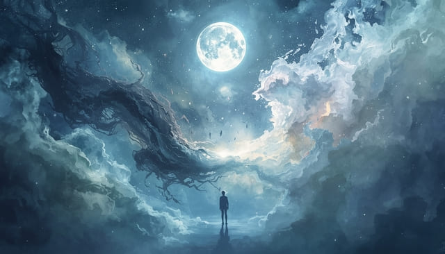 Dual-air energy scene under a glowing Gemini moon showing shadow tendencies and healing paths of the moon in Gemini personality.