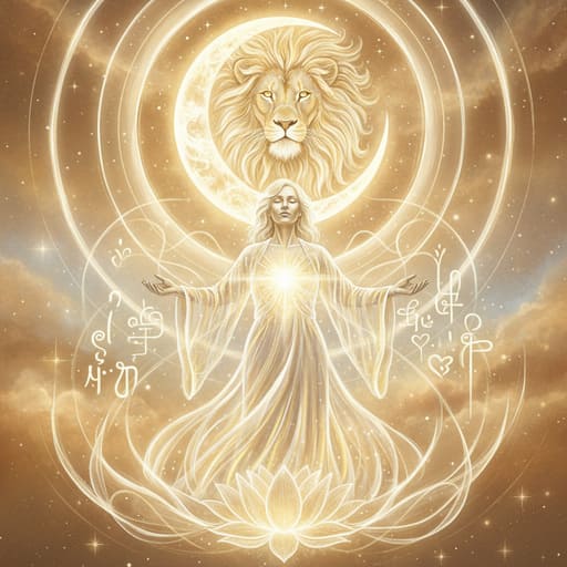 Spiritual illustration of a human figure under a radiant moon and lion fusion, symbolizing inner strength and self-love.
