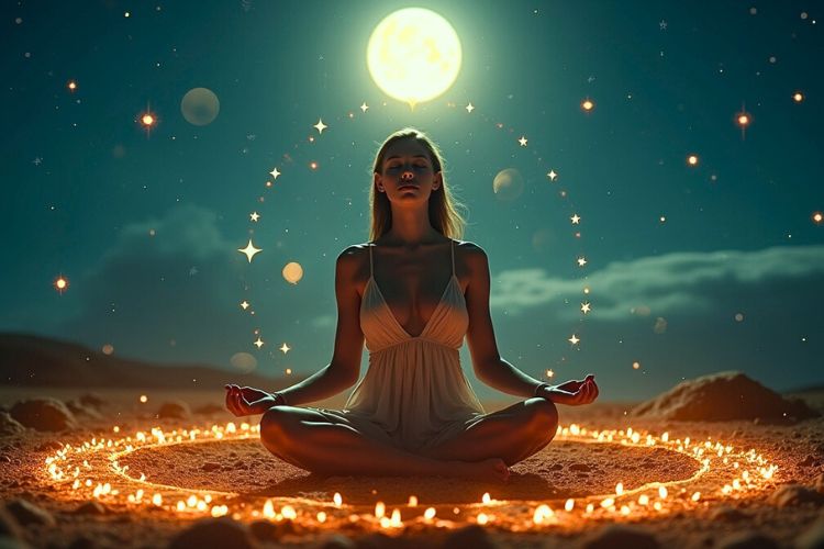 Spiritual meditation under moonlight representing harmony among the four zodiac elements