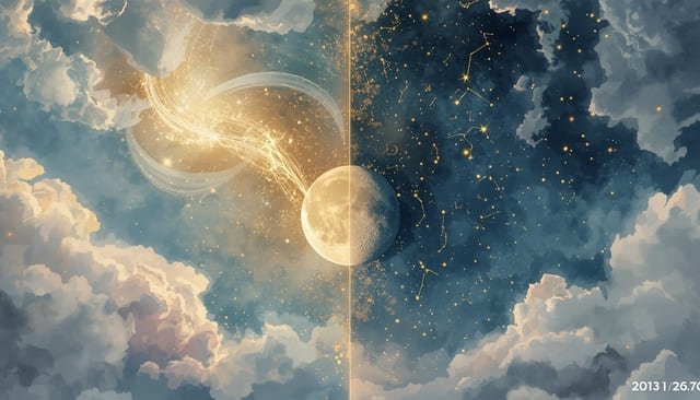 Dual celestial scene showing strengths and challenges under a glowing Gemini moon, representing the moon in Gemini personality traits.