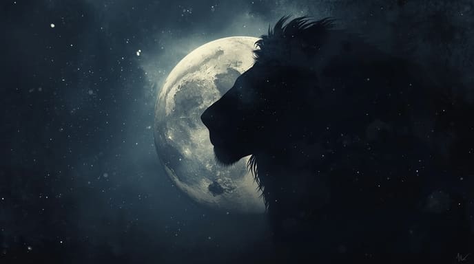 Artistic portrayal of the emotional challenges of Moon in Leo, showing a lion’s shadow and moonlit contrast symbolizing pride and vulnerability.