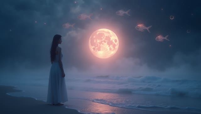 Ethereal moonlit ocean with Pisces constellations and soft mystical glow, symbolizing the emotional depth found in the Moon in Pisces meaning.