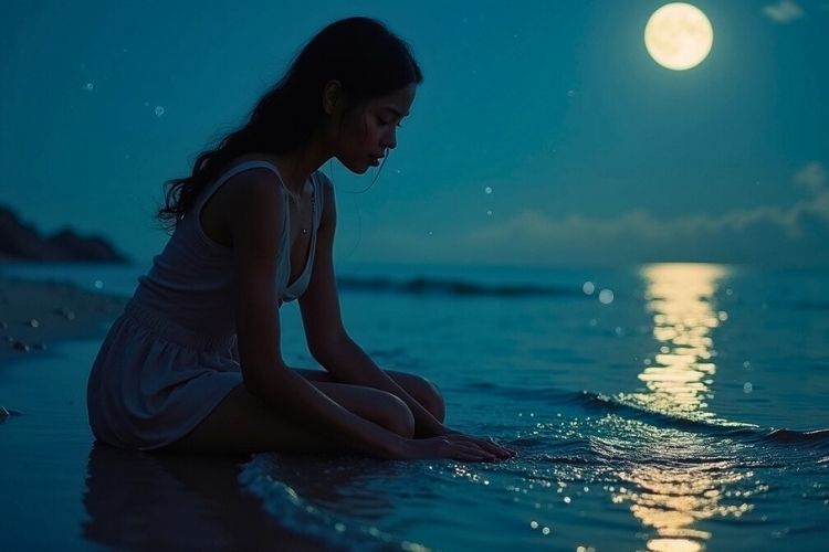 Water zodiac signs represented by a moonlit ritual by the ocean