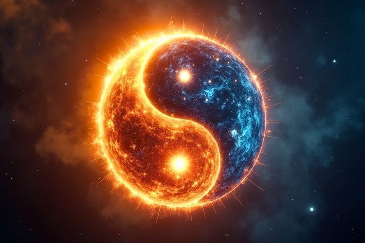Comparison of Western and Eastern astrology elements united in cosmic harmony
