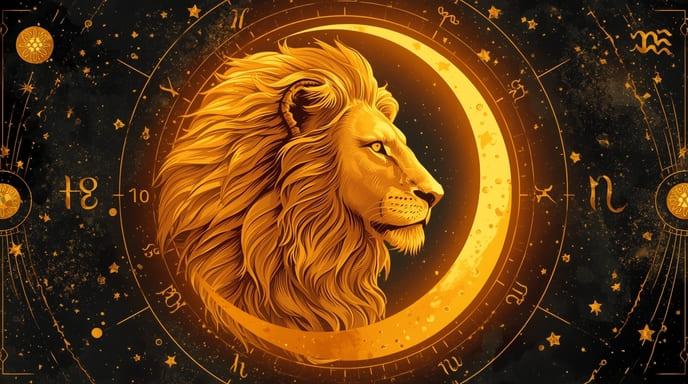 Artistic depiction of the Moon in Leo with a lion and crescent moon, symbolizing emotional strength and Leo’s fiery nature.