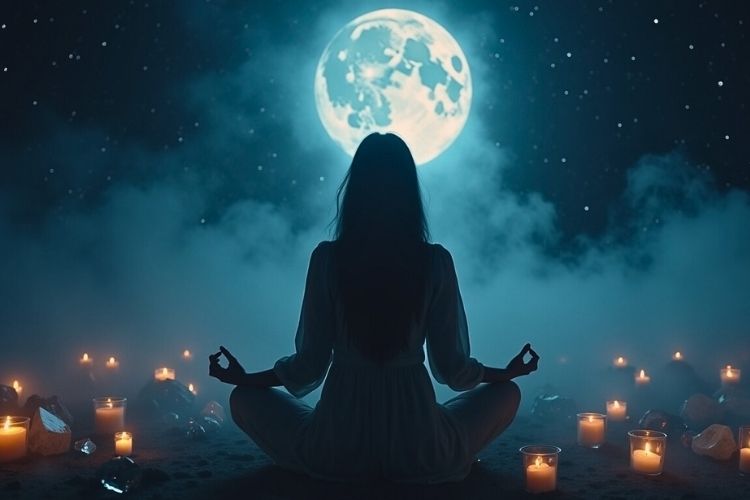 Woman meditating under full moon ritual