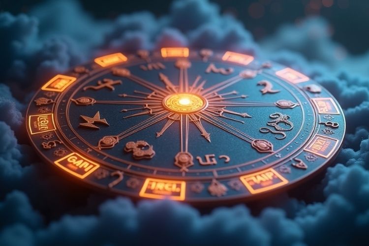 Zodiac wheel chart divided into fire, earth, air, and water elements with starry background