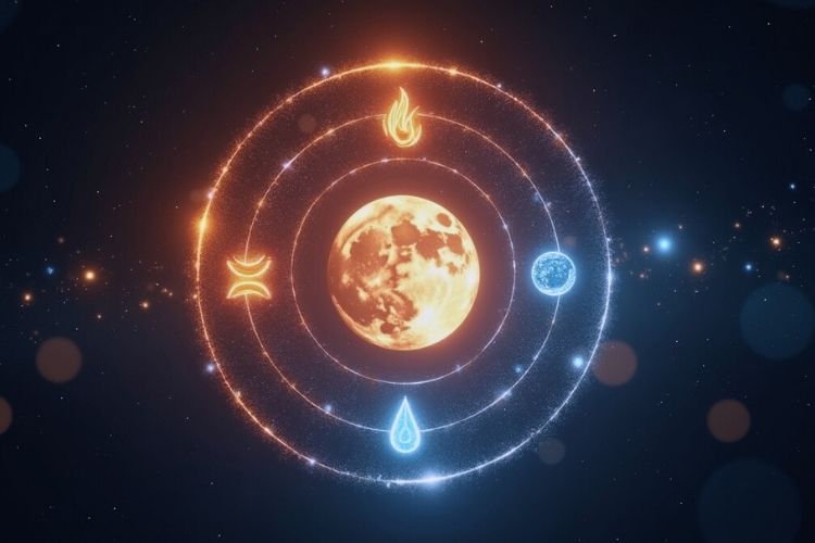 Zodiac signs and their elements — cosmic representation of fire, earth, air, and water surrounding a moon